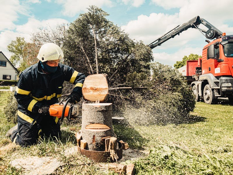 Chainsaw being used during emergency storm damage cleanup with broken tree limbs in a Huntsville yard