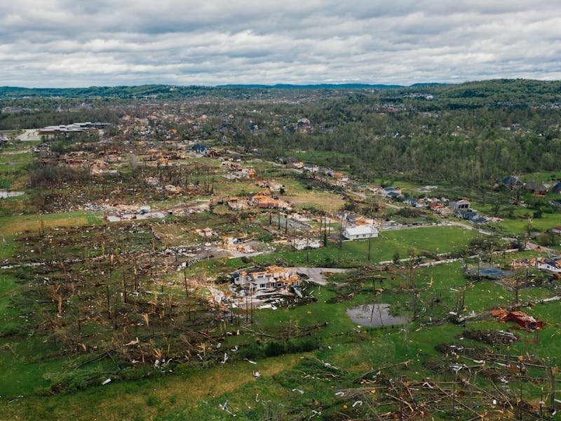 Crew removing a large tree that fell on a roof during a severe thunderstorm in the Huntsville area