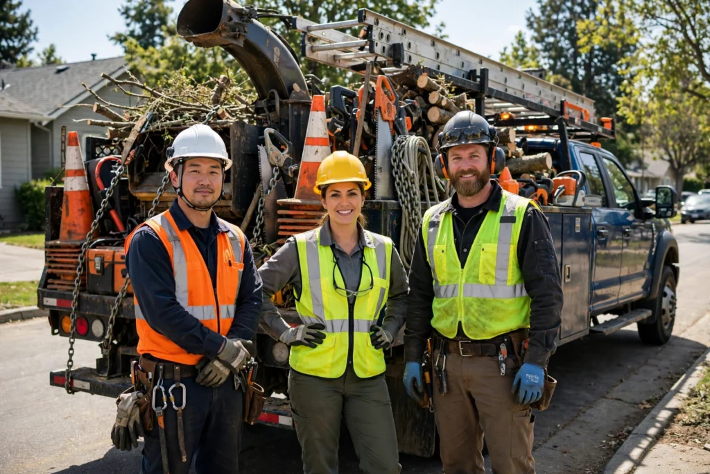 Three Huntsville Tree Pros crew members in safety gear standing beside a tree service truck loaded with logs and equipment