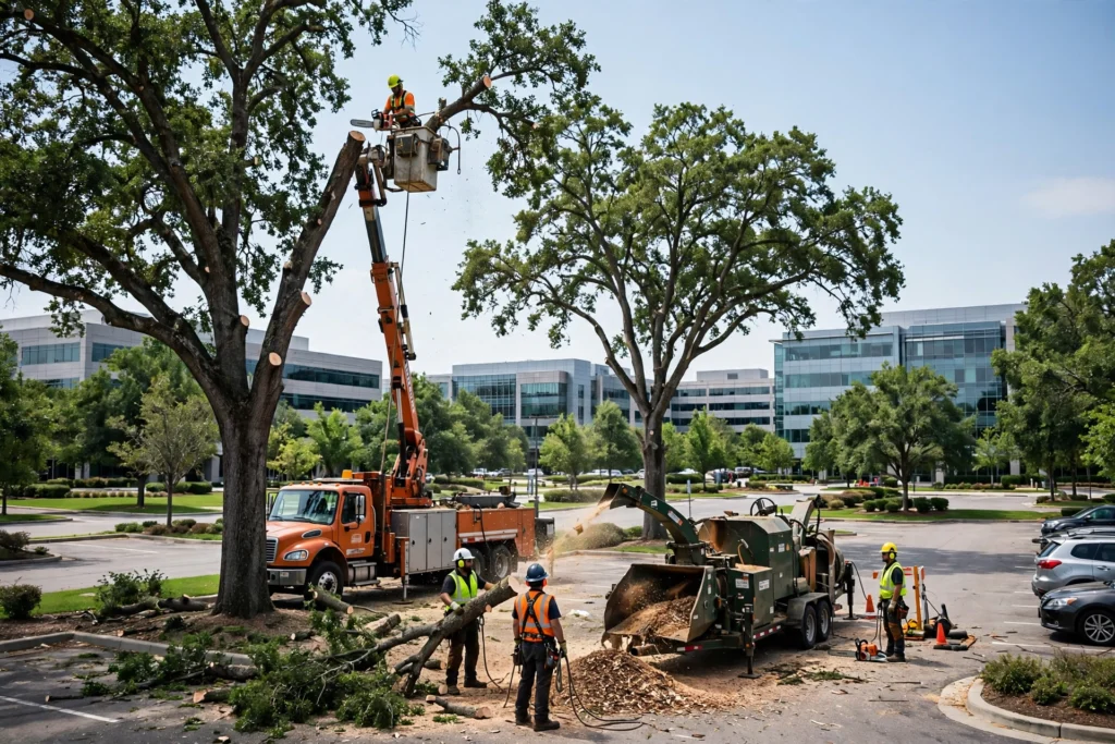 Bucket truck crew trimming a large tree at a commercial office park with a wood chipper on site