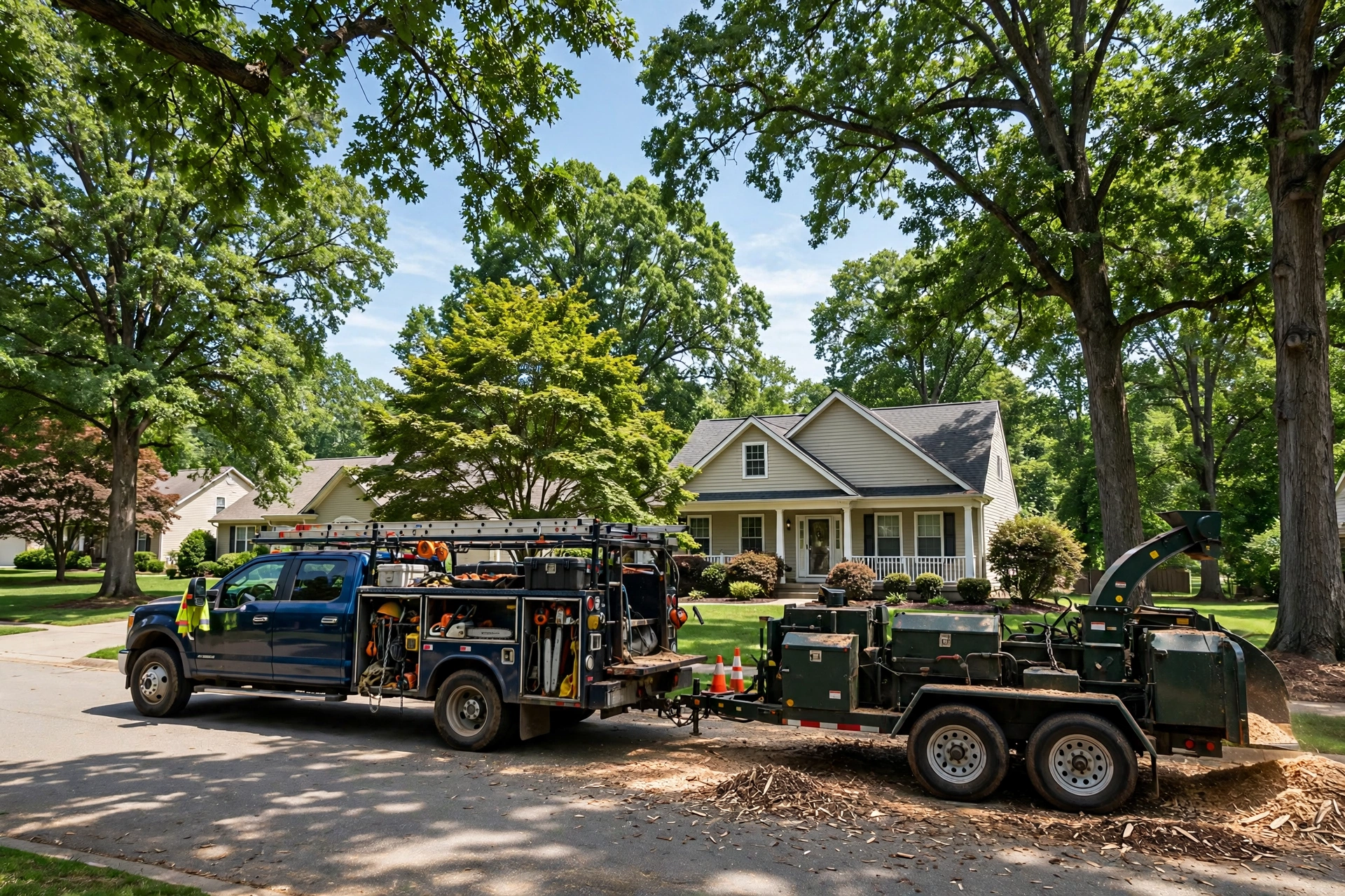 Huntsville Tree Pros service truck with wood chipper and crane removing branches at a residential property