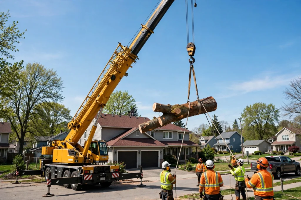 Yellow crane lifting a large cut tree trunk over a residential street while a tree crew in hard hats and safety vests guides the removal