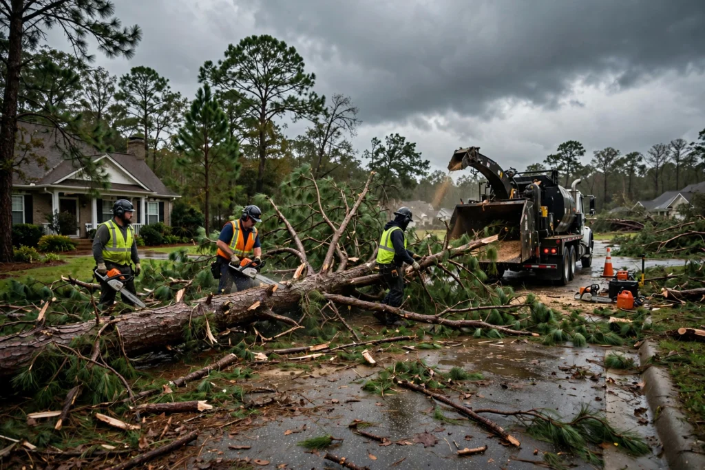 Tree service crew in safety vests and helmets cutting a fallen pine tree with chainsaws and loading debris into a chipper truck after a storm in a Huntsville Alabama neighborhood