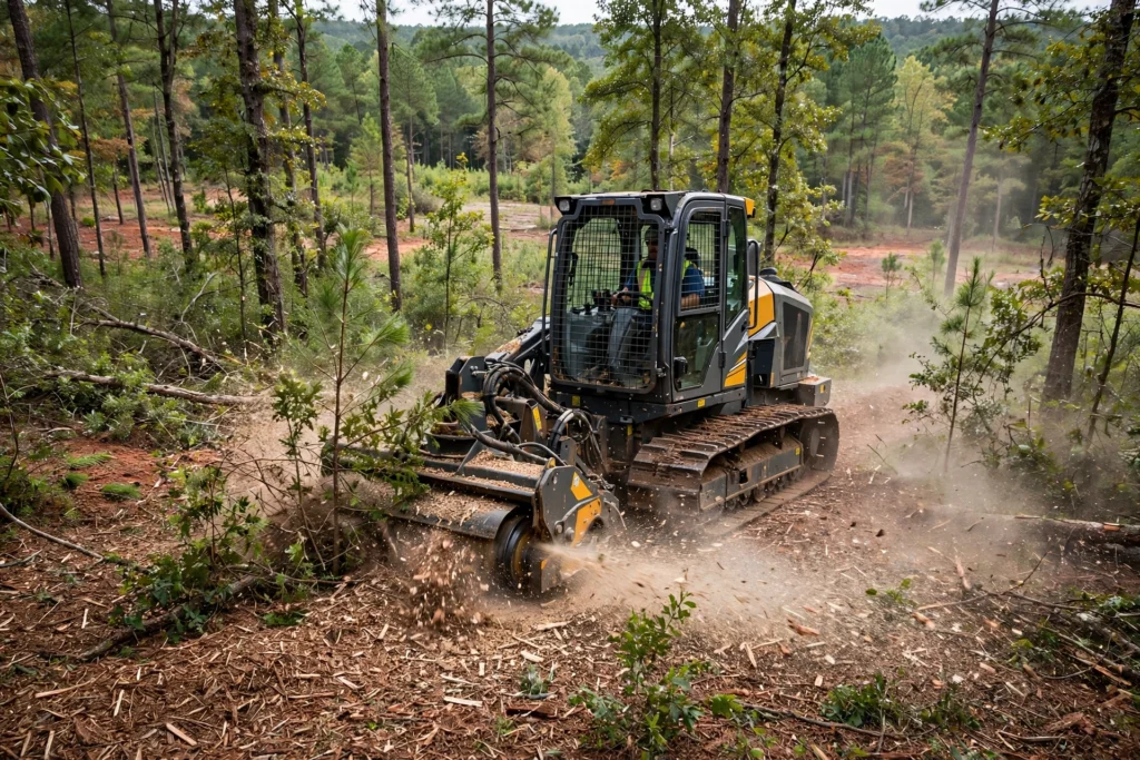 Forestry mulching machine clearing a wooded lot with ground-up mulch and tree stumps
