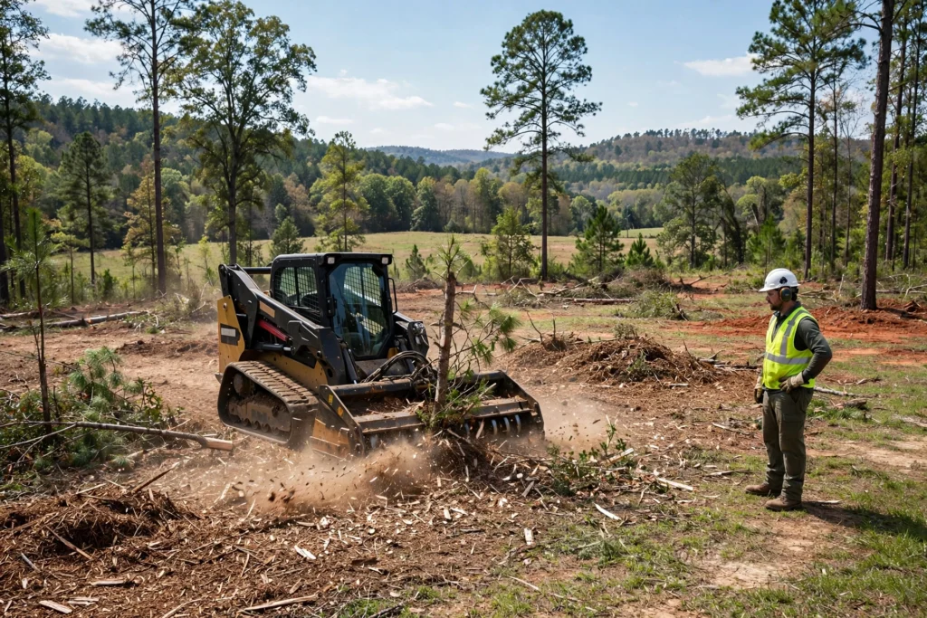 Skid steer forestry mulcher clearing trees on a wooded lot while a worker in a hard hat and hi-vis vest oversees the land clearing work