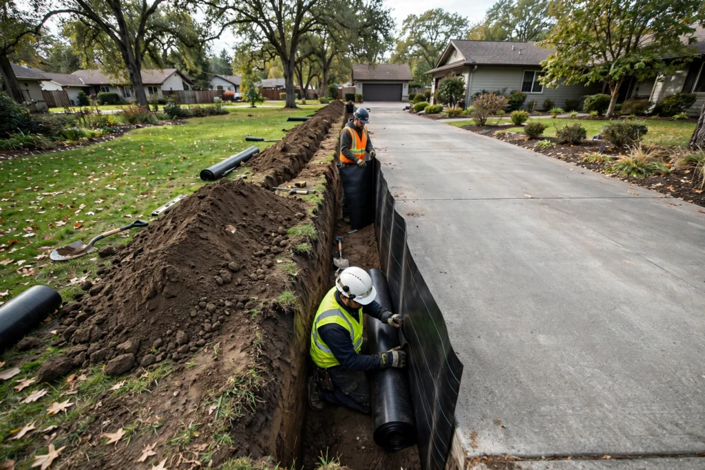 Two tree workers in hard hats and safety vests installing a black root barrier membrane in a deep trench alongside a residential driveway