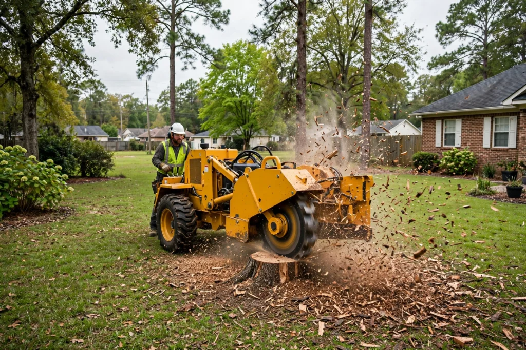 Worker in a white hard hat operating a large yellow stump grinder throwing wood chips while grinding a tree stump in a Huntsville Alabama backyard