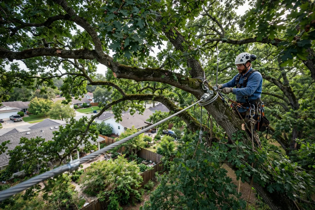 Arborist in a hard hat and climbing harness installing a steel support cable between two large oak limbs high in the tree canopy above a residential neighborhood