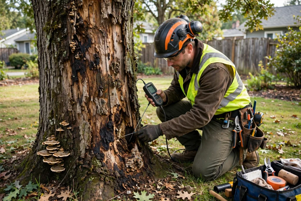 Arborist using a diagnostic probe on a diseased tree trunk covered in fungal growth during a tree health assessment