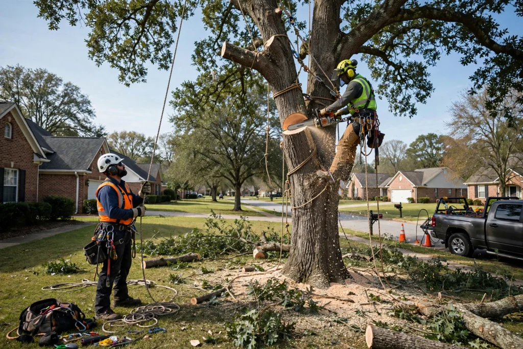 Certified tree removal crew member with chainsaw cutting a large tree trunk while rigging ropes, with ground crew assisting in a Huntsville Alabama residential yard