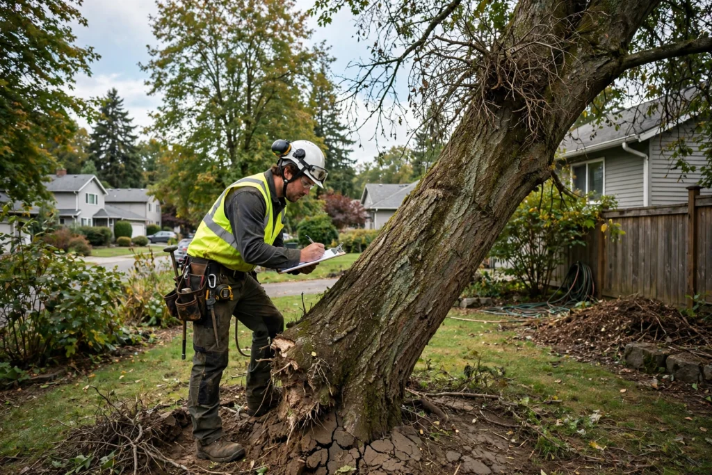 Arborist in a hard hat and safety vest writing on a clipboard while inspecting a leaning, storm-damaged tree trunk during a tree risk assessment in a residential yard