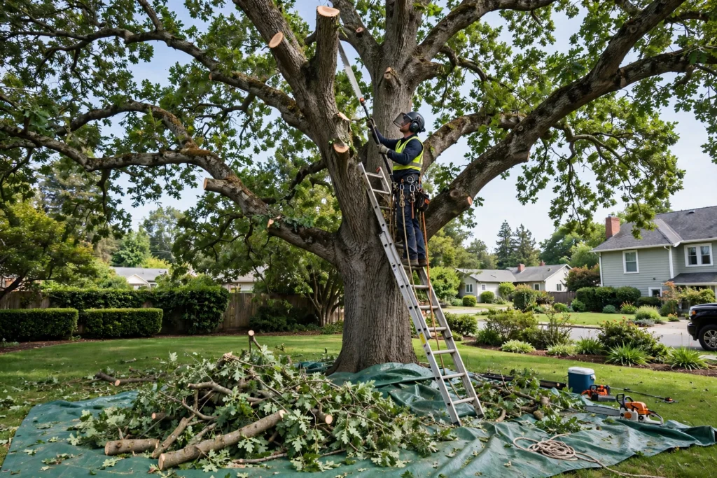 Certified arborist on a ladder pruning branches of a large oak tree with fresh cuts visible, trimmed limbs stacked below in a Huntsville Alabama yard